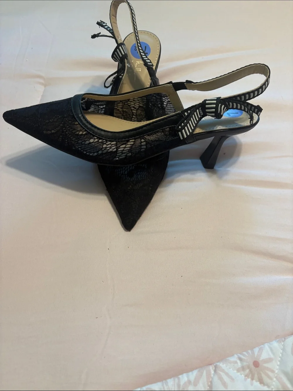 Black Lace Pointed Slingback Heels with Bow Detail